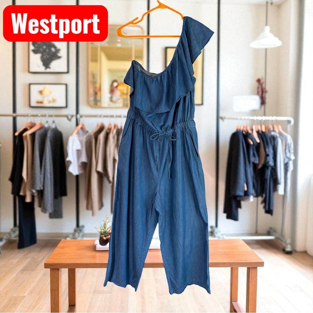 Westport-size 14 chambray jumpsuit. 1 shoulder, drawstring waist, pockets. EUC!